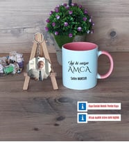 Amcaya Hediye Kupa Bardak Beyaz ve Fotoğraflı Ahşap Anahtarlık Hediye (Model 6)