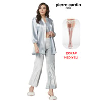 Pierre Cardin Kadın 3'lü Kadife Croplu Sabahlıklı Saten Pijama Takım Çorap Hediyeli