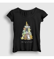 Presmono Kadın Beyaz Merry Catmas Kediler Yılbaşı T-Shirt 270111tt (Siyah)