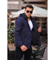 Outdoor Kapüşonlu Su Ve Rüzgar Geçirmez Kapitone Içi Kürklü Elyaf Dolgulu Şişme Softshell Mont (Lacivert)