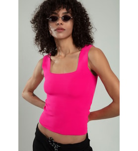 sifu tekstil Kare Yaka Kadın Spor Askılı Triko Atlet Crop Top Bluz SFYZ1001 (Pembe-Fuşya)