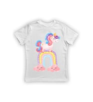 Unicorn baskılı pamuklu penye kumaş yazlık çocuk tişört (Beyaz)