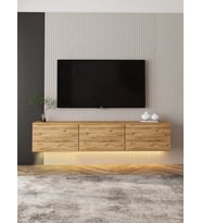Neon LED Işıklı Duvara Monte, 3 Kapaklı TV Sehpası – 160 cm - Modern Tasarım, Atlantik Çam