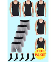 Tezzgelsin Ekonomik Paket Atlet Boxer Ve Çorap Takımı 5 Atlet 5 Boxer 5 Çift Çorap (Siyah-Gri)