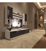 Decoraktiv Eko 5DAB Mdf Std Tv Ünitesi Tv Sehpası - Parlak Beyaz (Beyaz - Siyah Mermer)