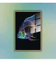 Metal Çerçeveli Temperli Cam Tablo Neon Renkli Balık (Gold)