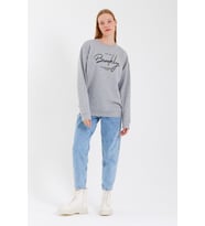 Kadın Bisiklet Yaka Oversize Fit El Yazılı Brooklyn İnce Sweatshirt SPR23SWK331 ( Gri-Melanj)