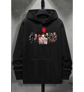 Korku Karakterleri Baskılı Unisex Oversize Sweatshirt (Siyah)