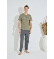 Erkek Mavi Bisiklet Yaka Kısa Kol Cepli Yazlık Pamuklu Pijama Takımı (Haki)