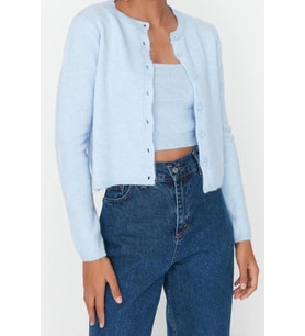 Kadın Modern Tarz Slim Bisiklet Yaka Crop Triko Takım (Mavi)