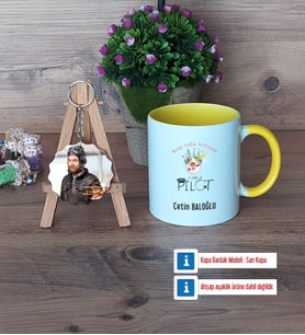 Pilot Kupa Bardak Beyaz ve Fotoğraflı Ahşap Anahtarlık Hediye (Model 7)