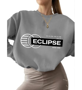3 iplik şardonlu Sweatshirt kadın Tutulma Baskılı Bej erkek kalın unisex Sweatshirt bisiklet yaka (Gri)