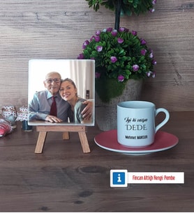 Dedeye Hediye Fotoğraflı Dekoratif Taş, Ahşap Altlıklı Türk Kahvesi Fincanı Hediye (Model 6)