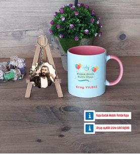 Doğum Günü Hediyesi Kupa Bardak Beyaz ve Fotoğraflı Ahşap Anahtarlık Hediye (Model 6)