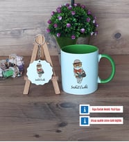 Baykuş Kupa Bardak Kırmızı ve Ahşap Anahtarlık Hediye (Model 13)