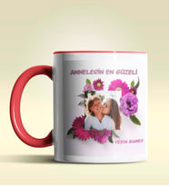 Kişiye Özel Çiçek Çerçeveli Fotoğraf Temalı Pembe Kupa Bardak (Kırmızı)