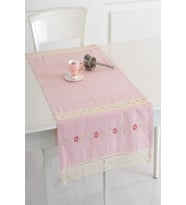 Buldan Keteni Ara Dantelli İpek İşlemeli 50x130 cm Runner (Pudra)