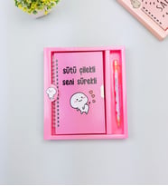 Sevimli Desenli Kilitli Defter ve Kalem Seti (Füme)