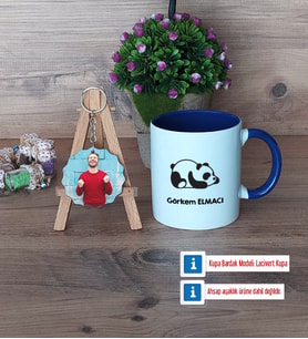 Uykucu Panda Kupa Bardak Beyaz ve Fotoğraflı Ahşap Anahtarlık Hediye (Model 3)