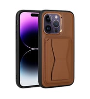 Apple iPhone 14 Pro Kılıf Kartlıklı Standlı ?Suni Deri Memo Kılıf (Kahverengi)