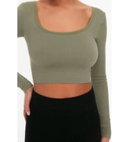 Moda Kare Yaka Örme Fit Düz Desen Sportswear Crop Uzun Kol Bluz (Haki)