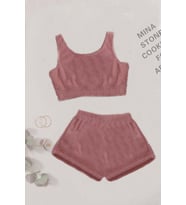 Merry See Tek Renk 1 Takım Kolsuz Askılı Peluş Polar Alt Üst Şortlu Pijama Takımı (Pembe)