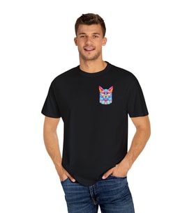 Kedi Göğüs Baskılı Unisex Pamuklu Oversize Tişört (Siyah)