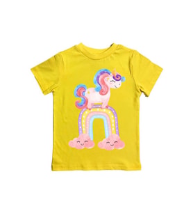 Unicorn baskılı pamuklu penye kumaş yazlık çocuk tişört (Sarı)