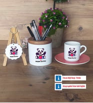 Sevimli Panda Hediye Sepeti Kalemlik, Türk Kahvesi Fincanı Kırmızı, Ahşap Anahtarlık Hediye (Model 4)