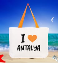 BK Gift I Love Antalya Renkli Kulp Kanvas Plaj Çantası 48x40m, Baskılı Omuz Çantası, Alışveriş Çantası (Turuncu)