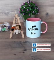 Groom Kupa Bardak Beyaz ve Fotoğraflı Ahşap Anahtarlık Hediye (Model 6)