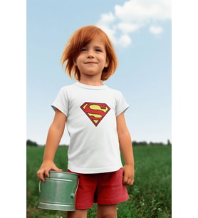 Superman baskılı pamuklu penye kumaş yazlık çocuk tişört (Beyaz)