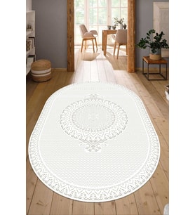 Dijital Baskılı Kaymaz Taban Yıkanabilir Oval Salon Halısı Mutfak Halısı Yolluk NDO-HS-563 (Beyaz)