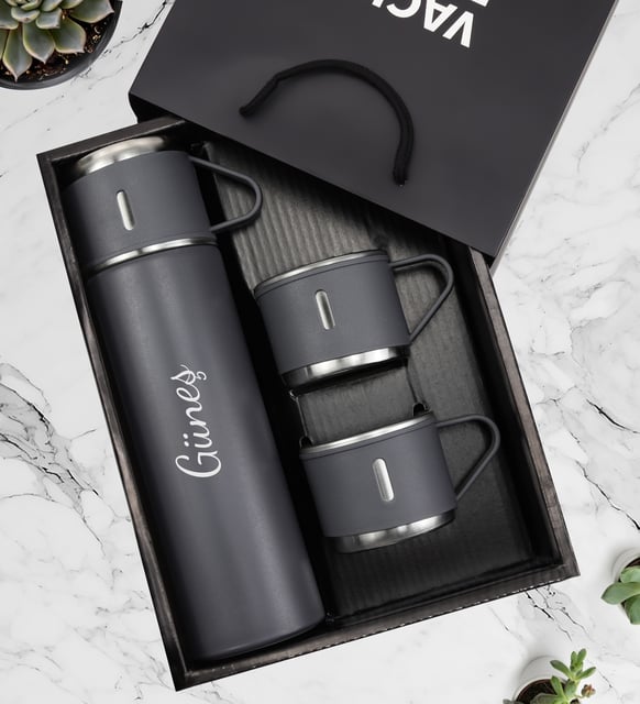 Özel Kutusunda 3 Bardaklı 500 ML Çelik Termos Seti (Gri)