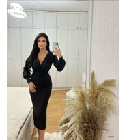 Kadın Balon Kol Kruvaze Yaka Detaylı Kemerli Scuba Kumaş Elbise (Renk Seçenekli) (Siyah)