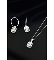 Papatya Silver 925 Ayar Gümüş Zirkon Kare Baget Taş Halka Küpe Ve Tepelikli Baget Kare Taş Kolye Set (Rodyum)
