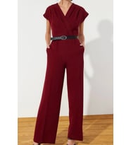 Kadın Moda Standart Kol Geniş Paça Kruvaze Uzun Kemerli Kruvaze Yaka Geniş Paça Dokuma Tulum (Bordo)