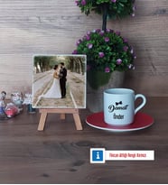 Damat Fotoğraflı Dekoratif Taş, Ahşap Altlıklı Türk Kahvesi Fincanı Hediye (Model 3)