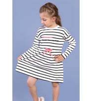 Toontoy Kız Çocuk Bel Fırfır Detaylı Çizgili Yazı Baskılı Elbise (Ekru)