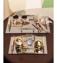 Gold Ayna 4 Kulplu Dikdörtgen Söz Nişan Tepsisi ve Damat Kahve Fincan Tepsisi (Bronz)