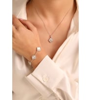 925 Ayar Gümüş Van Cleef 2 Lü Set Kolye Bileklik (ÖZEL KUTULU) (Beyaz)