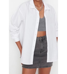 Moda Kadın Gömlek Yaka Düz Desen Günlük Loose Fit Dokuma Gömlek (Beyaz)