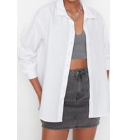 Moda Kadın Gömlek Yaka Düz Desen Günlük Loose Fit Dokuma Gömlek (Beyaz)