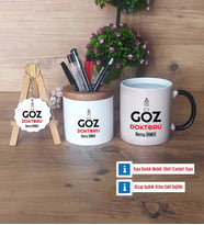 Göz Doktoru Hediye Sepeti Kalemlik, Kupa Bardak Sihirli, Ahşap Anahtarlık Hediye Tıp Bayramı Hediyesi (Model 1)