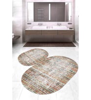 Dijital Baskılı Kaymaz Taban Yıkanabilir Oval 2'li Klozet Takımı Banyo Paspası NOKZ-SD-141 (Bej)