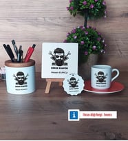 Erkek Kuaförü Hediye Seti Dekoratif Taş, Kalemlik, Ahşap Altlıklı Türk Kahvesi Fincanı, Ahşap Anahtarlık Hediye (Model 8)