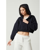 Twenty3 Kadın Basic Fermuarlı Kapüşonlu Crop Kalın İçi Polarlı Örme Sweatshirt (Lacivert)