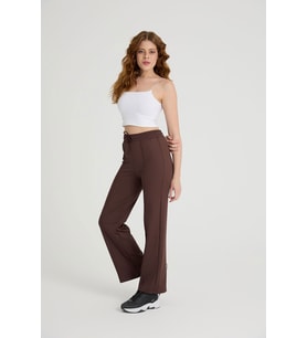 Kadın Nervürlü Beli Lastikli Fitilli Tayt Eşofman Altı Bootcut (KAHVE)