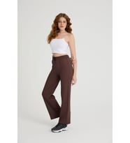 Kadın Nervürlü Beli Lastikli Fitilli Tayt Eşofman Altı Bootcut (KAHVE)