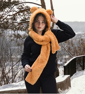 Kapşonlu Welsoft Peluş Bere - Atkılı - Polar Boyunluk Şalı Sıcak Tutacak Kapşonlu Bere ile Kışın Keyfini Çıkarın (Kahverengi)